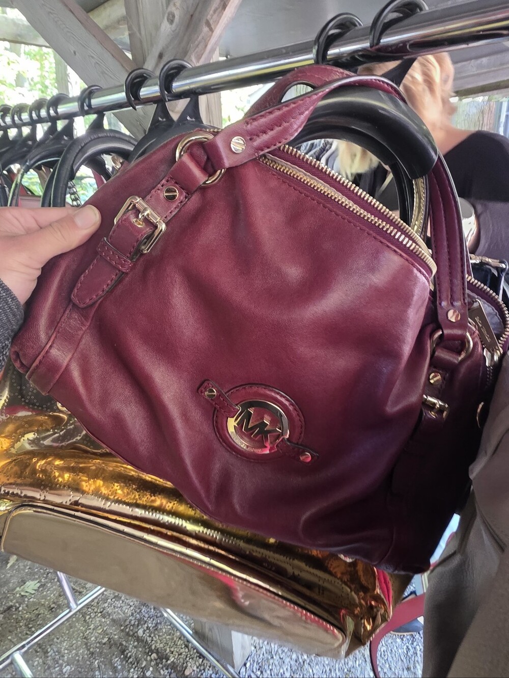 Michael Kors Wine Leather Shoulder Bag with Gold Hardware